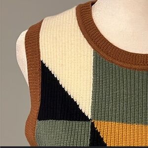 Etcetera Color Block Wool Sleeveless Green and Brown Knit Sweater Top